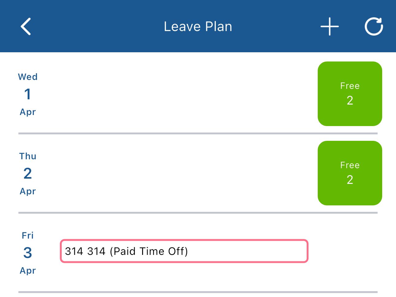 Leave plan screen with request