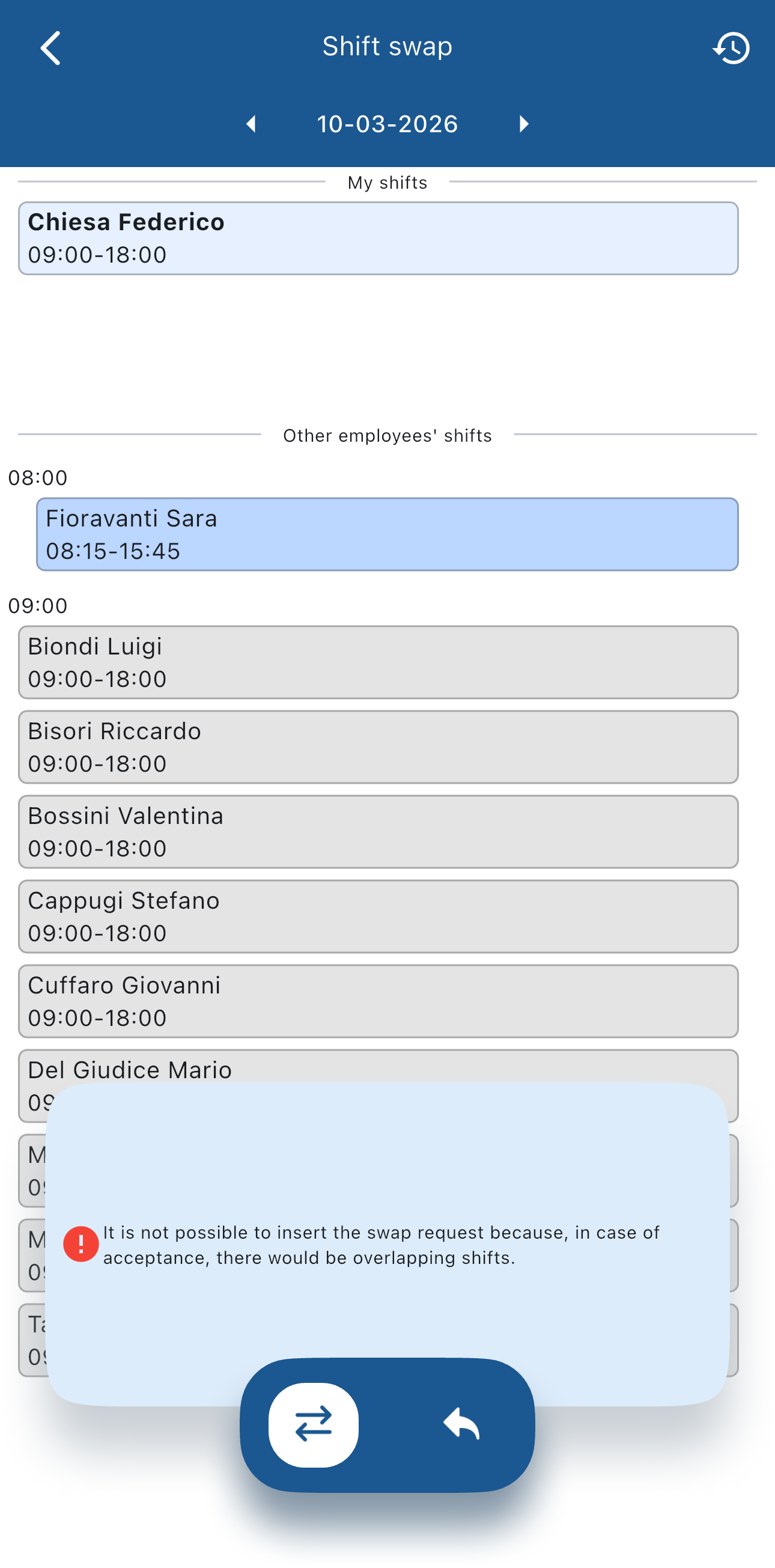 Shifts swap screen invalid
